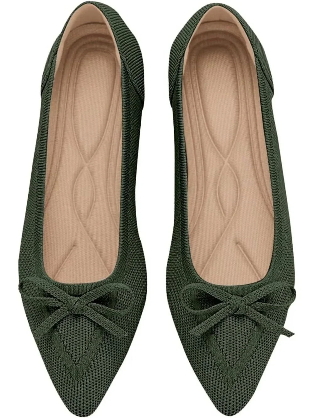 Women's Green Knit Ballet Flats Pointed Toe Bow Comfortable Dressy Shoes